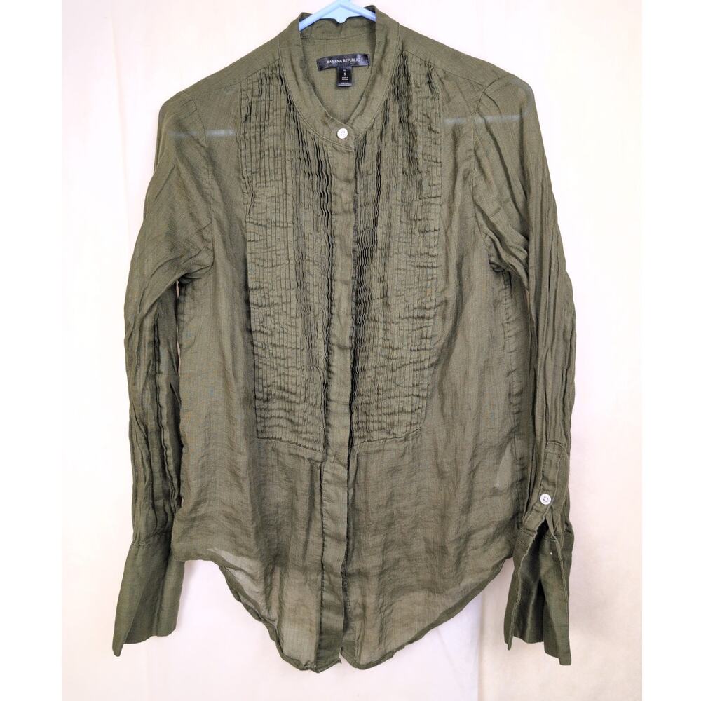 Banana Republic ramie pintuck crinkle sleeve button up top Size Sm Tall Green